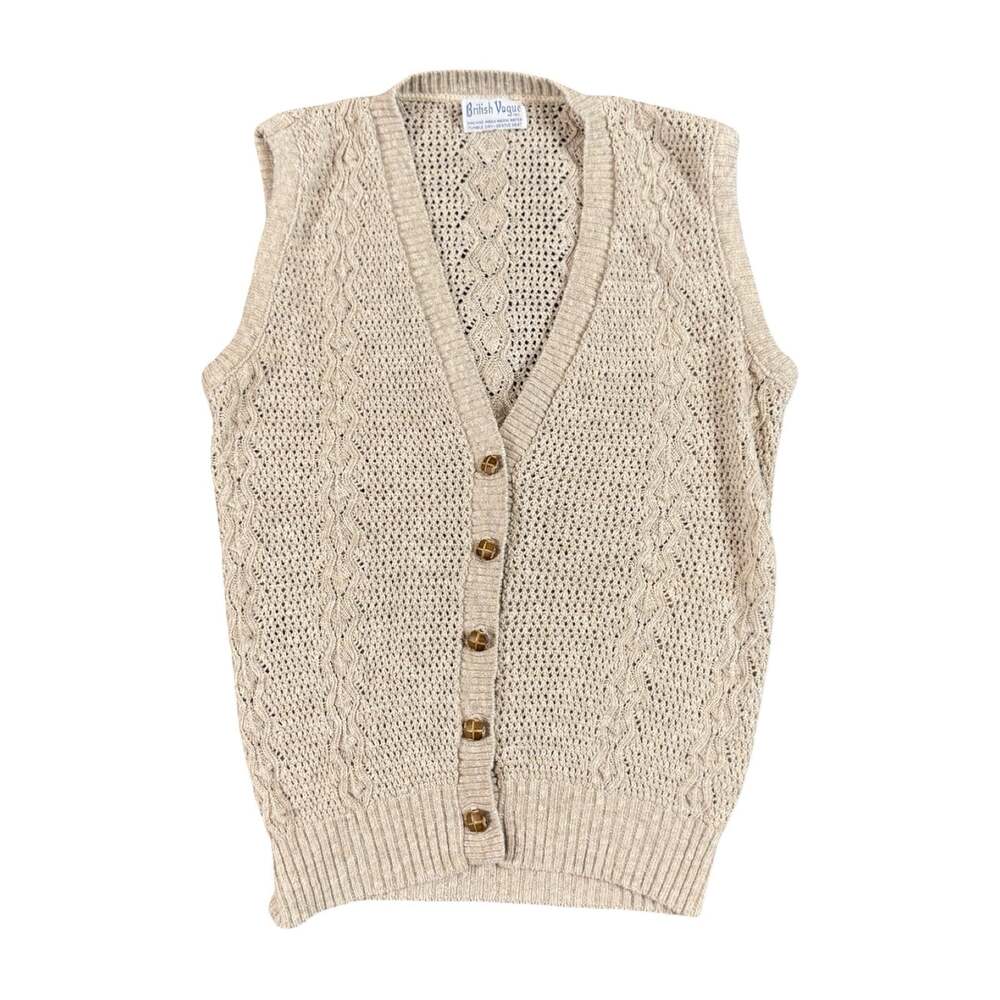 Women’s True Vintage British Vogue Beige Cable-Knit Open Knit V-Neck Sweater